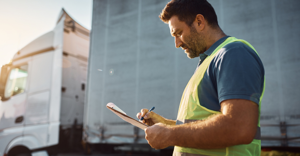 A determined SME business owner in a logistics warehouse, overseeing the PTL shipping operations with digital assistance.